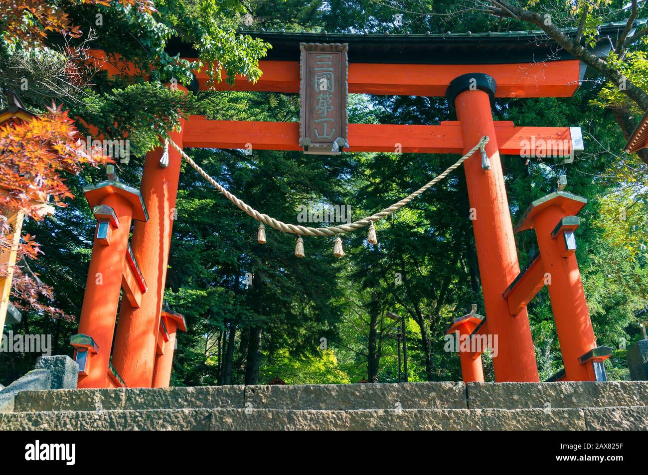 Fujiyoshida, Japan - 1. September 2016: Rotes Torii-Tor im Mount Asama Park Stockfoto