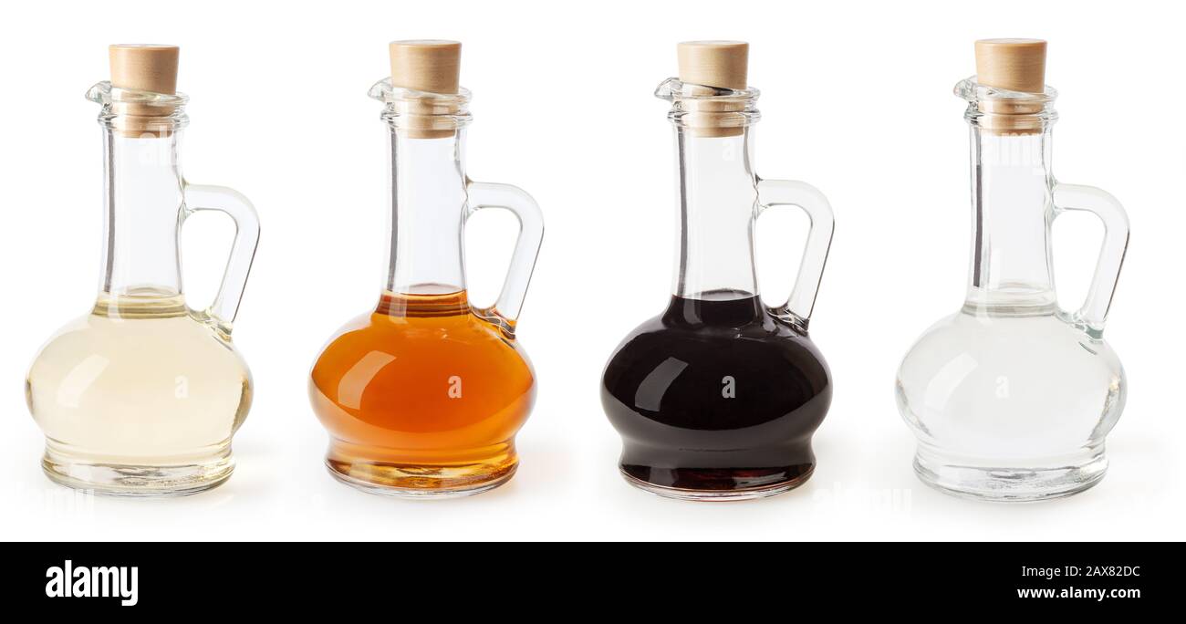 Weiß, apfelwein und Balsamico-Essig in Glasflaschen isoliert auf weißem Hintergrund Stockfoto