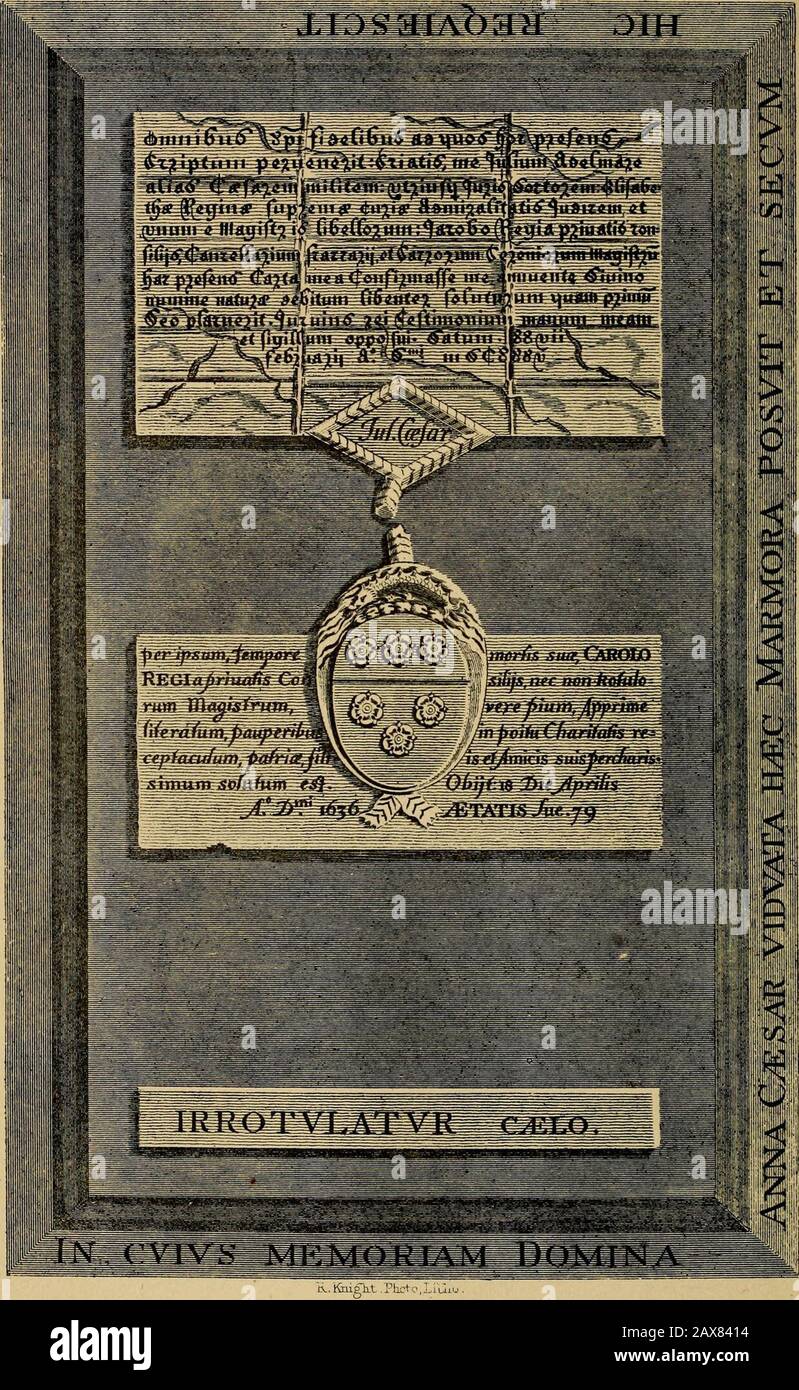 Die Annalen von StHelen's, Bishopsgate, London. Sir Julius Cäsar Adetmare. 69 Ärmel bis zu ihren Handgelenken. Über dem Handrücken verläuft das Asingelband: Sie hat einen Ring auf dem Vorderteil und kleine Finger, und rundet ihren Hals um einen Rosenkragen; ein kleiner Kordon hängt an der Hüfte von einem von der linken Seite geneigten Gürtel; Ihre Kappe ist eng an ihren Ohren angebracht, und die Haare darunter verschlungen, ein Schleier fällt das Kissen unter ihrem Kopf ab, das von zwei Engeln gestützt wird.Zu ihren Füßen liegen zwei kleine Hunde. Die von hisWill geleitete Umschrift, die auf den Rand dieses Denkmals gesetzt werden soll, ist längst sinceremove Stockfoto