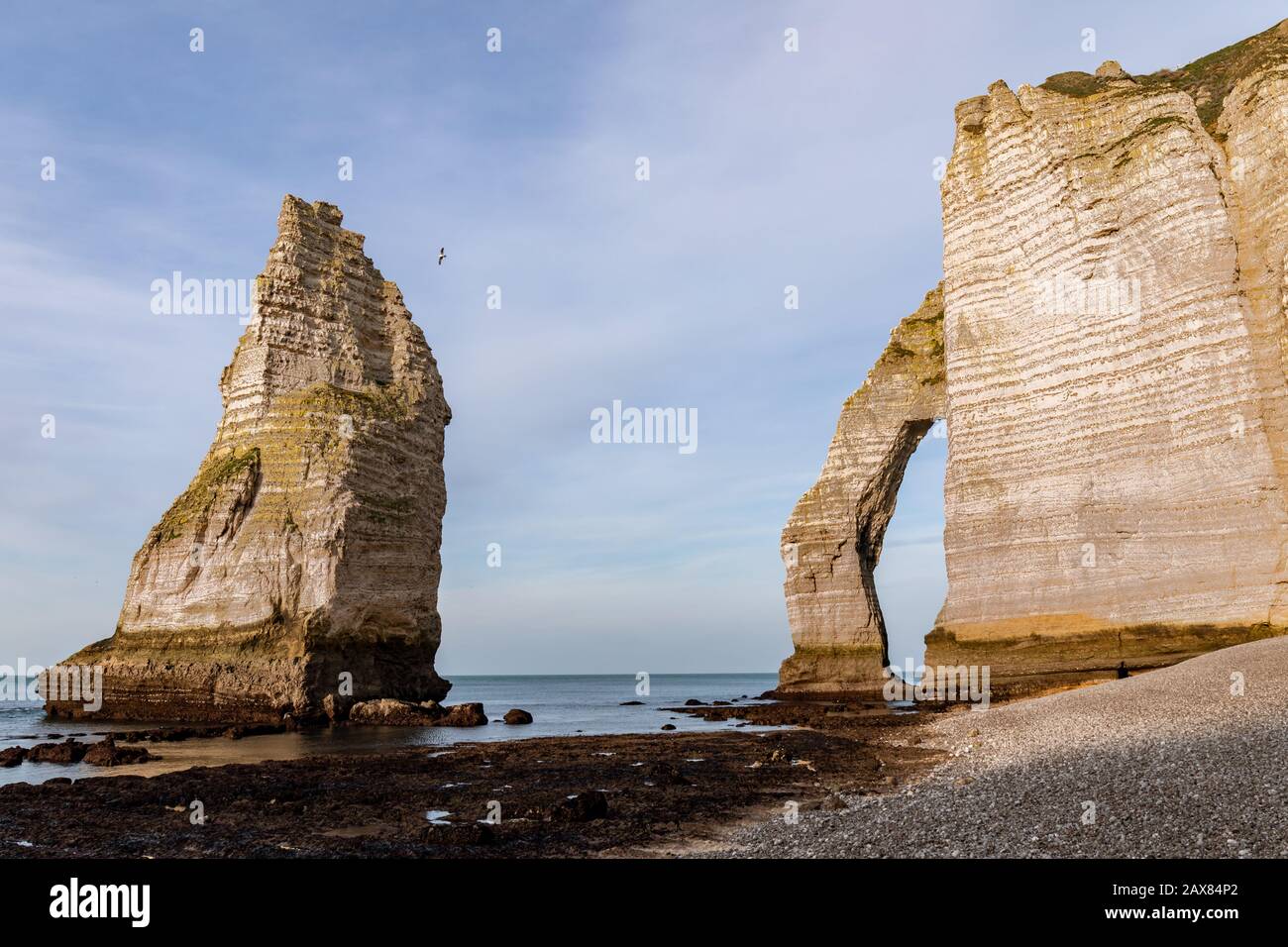 Etretat, Normandie, Frankreich - Die "Aval"-Klippe mit dem natürlichen Bogen und der Nadel Stockfoto