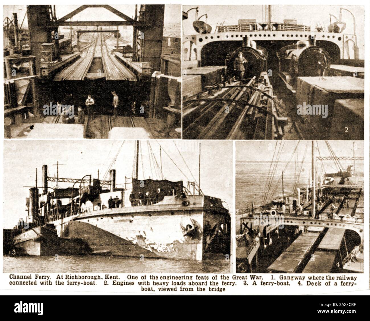 Ein zusammengesetztes Foto der Zeitschrift aus den 1920er Jahren von der ehemaligen Kreuzweg-Eisenbahnfähre WWI in Richborough Kent, Großbritannien. Lieferungen, Waffen, Munition, Lebensmittel und andere wichtige Lieferungen, die in ganz Großbritannien hergestellt wurden, wurden ab dem Jahr 1916 an Truppen auf der anderen Seite des Ärmelkanals transportiert, um die alte Methode des Abschleppens einzelner Lastkähne zu ersetzen. Auch Straßenfahrzeuge wurden transportiert, darunter ein Krankenwagen, Train Ferry One wurde im zweiten Weltkrieg wieder eingesetzt und erhielt den Namen "HMS Iris" (später "Princess Iris"). Stockfoto