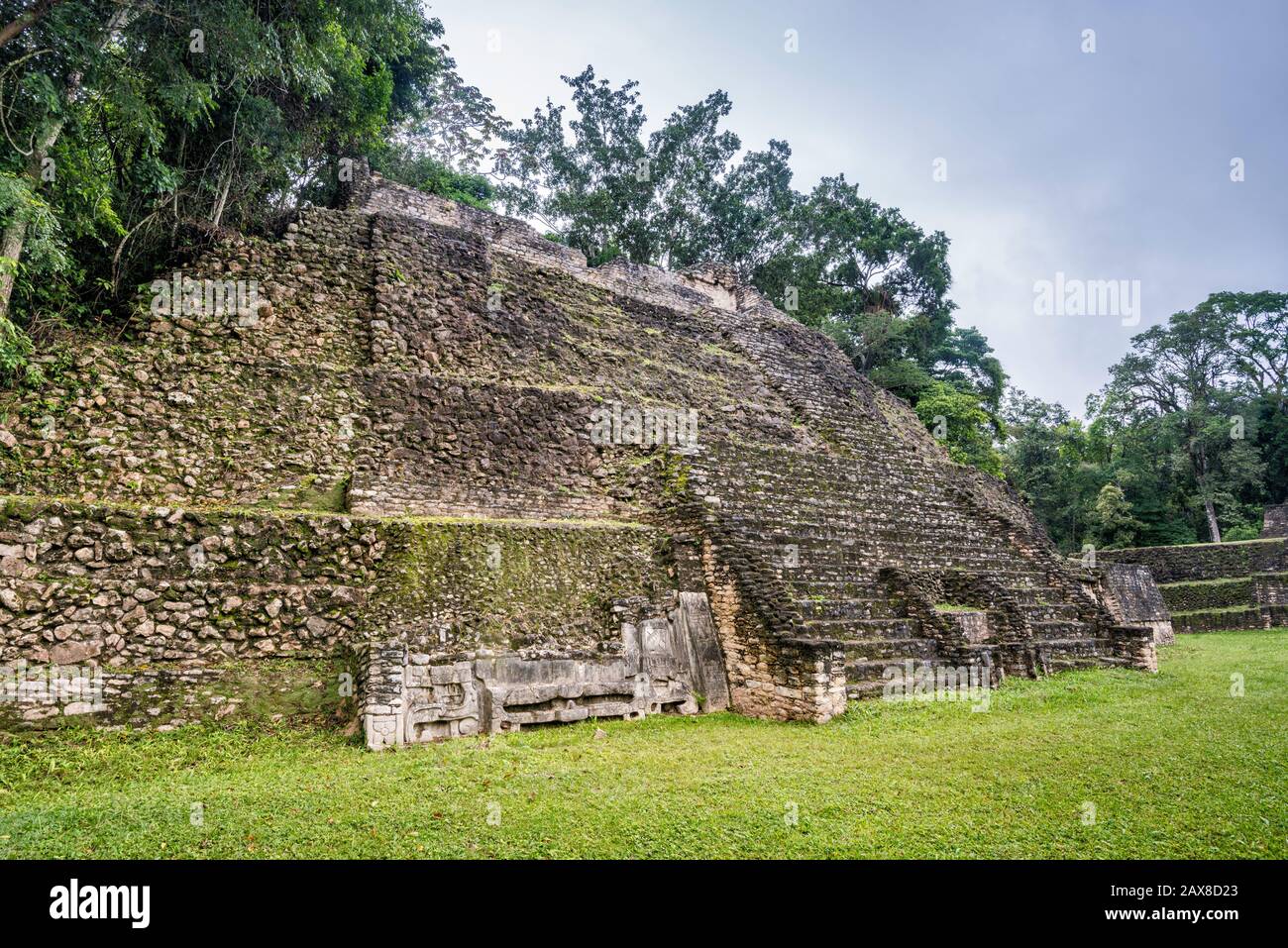 Struktur A-6-Pyramide, Holz-Lintel-Tempel, an der Plaza A, Regenwald, in Caracol, Maya-Ruinen, Chiquibul Plateau, Cayo District, Belize, Central Ame Stockfoto