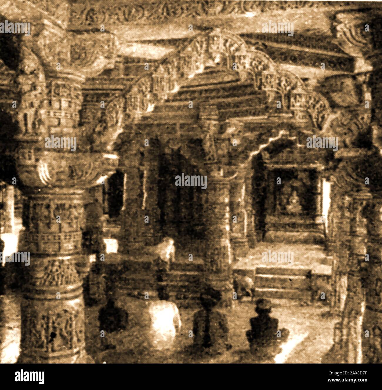 Höhlentempel von Vimaia sah (Vimal Vasahi), Berg Abu Indien 1920. Mount Abu Settlement ist Rajasthans einzige Hügelstation. Diese Jain-Tempel wurden von Vimal Shah erbaut und von Vastupala, Jain Minister von Dholka, zwischen dem 11. Und 16. Jahrhundert entworfen. Stockfoto
