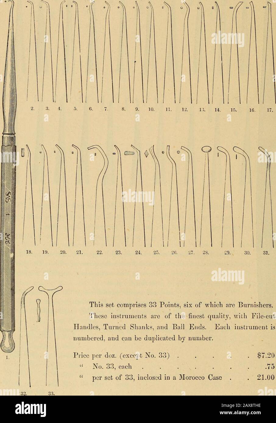 Katalog von zahnmedizinischen Materialien, Möbeln, Instrumenten usw., zum Verkauf . Zinn, 13. Januar. Sehr geehrte Damen und Herren, ich finde, dass der Satz von Soft Gold- oder Tupe Pluggern alles ist, was man sich wünschen kann, und genau so sind, wie er in meinem Büro verwendet wird. Ich bin, sehr geehrter Herr, Ihr wahrlich. B. J. BING. Diese Pluggers sind für die Verwendung mit Tape Gold bestimmt und haben nichts Ungewöhnliches mit unseren gewöhnlichen gezackten Punkten, da sie Stattdessen Füllmaschinen, Packer, und Condensers mit Punkten, Seiten, Enden und Wellpappeneinheiten sind, die sorgfältig entworfen wurden, um diese Arten des Einlegens des Goldes zu erreichen. Diese Punkte haben in Paris (wo Dr. Bing Stockfoto