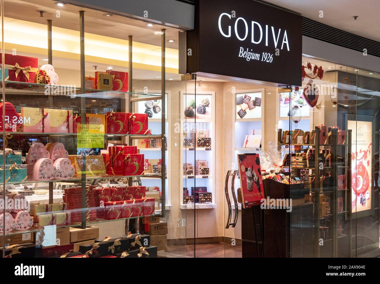 Belgische multinationale Schokolade Hersteller und Marke Kette Godiva Store ist in Hong Kong gesehen. Stockfoto