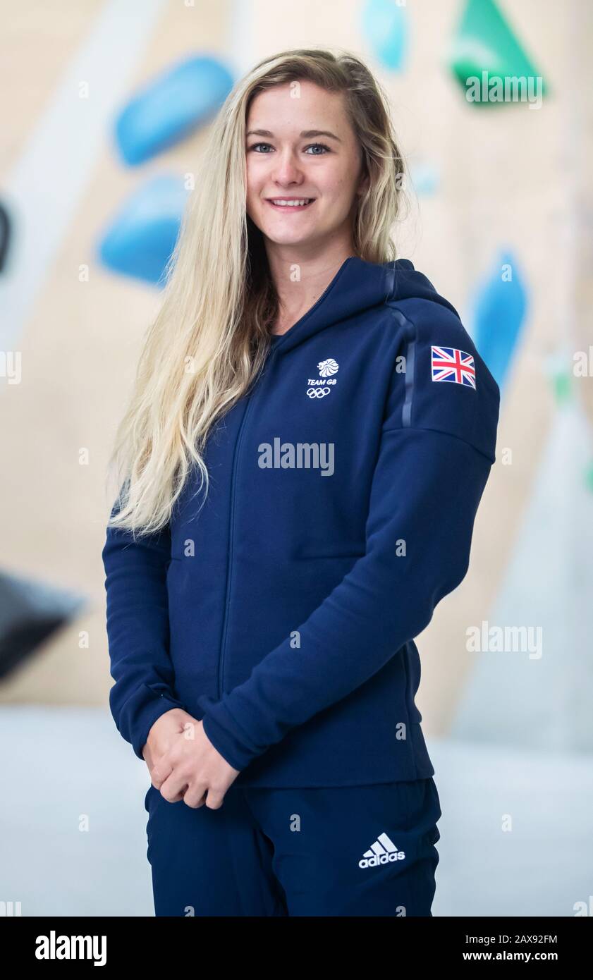 Shauna Coxsey während der Ankündigung des Teams GB Tokyo 2020 Climbing Team bei The Climbing Works, Sheffield. Stockfoto