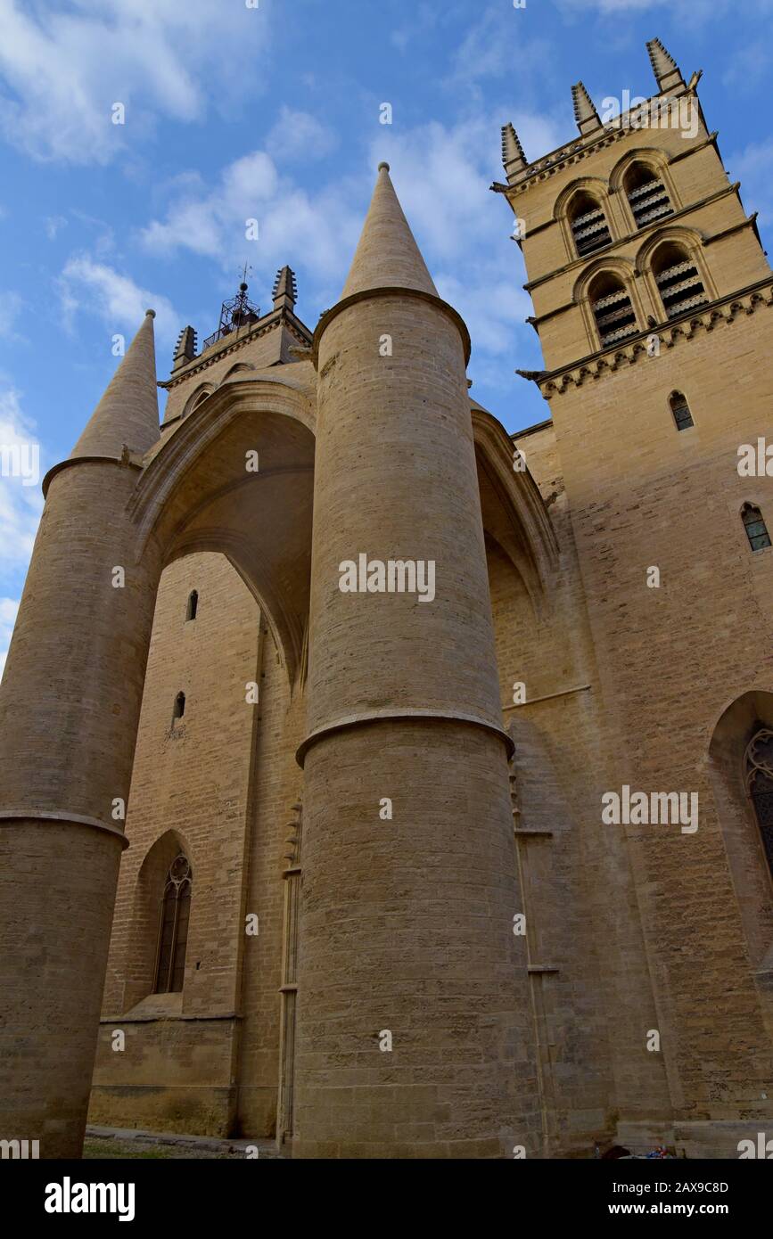 Blick auf die Zwillingstürme der Kathedrale von Sankt Peter, Montpellier, Frankreich Stockfoto