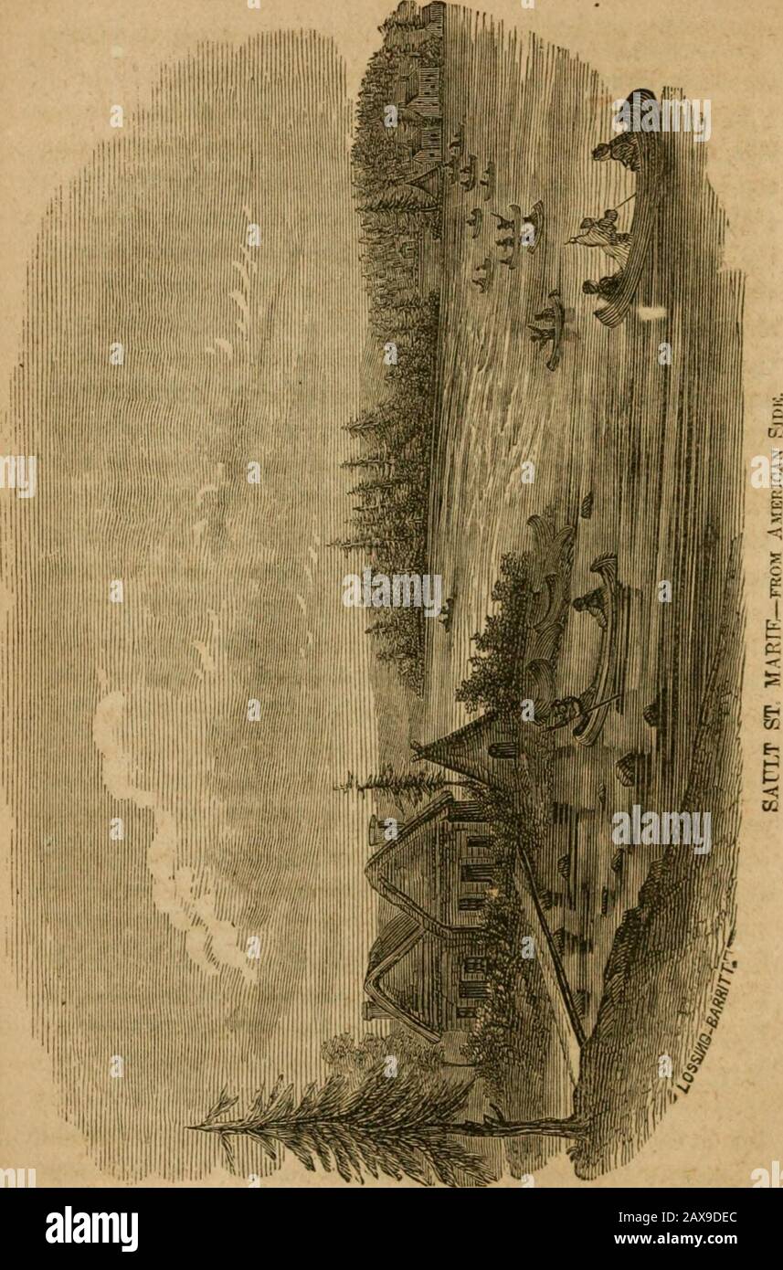 Oberseen in Nordamerika: Als Führer von Niagara Falls und Toronto, nach Mackinac, Chicago, Saut Ste Marie usw., durch die Seen Michigan und Superior; Rückkehr durch die Seen Huron und SClair, nach Detroit und Buffalo .. . TheLake Superior Country für Gesundheit und Vergnügen. Es gibt zwei Hotels auf der amerikanischen Seite und eine auf der kanadischen Seite des Flusses, die gute Unterkünfte bieten. Fort Brady ist ein alter und wichtiger United States militarypost, der in diesem Grenzdorf, in dem eine areguläre Garnisonen von Truppen stationiert ist, zusammengrenzt. Es befiehlt dem St. Marys Riverand die Annäherung an Th Stockfoto