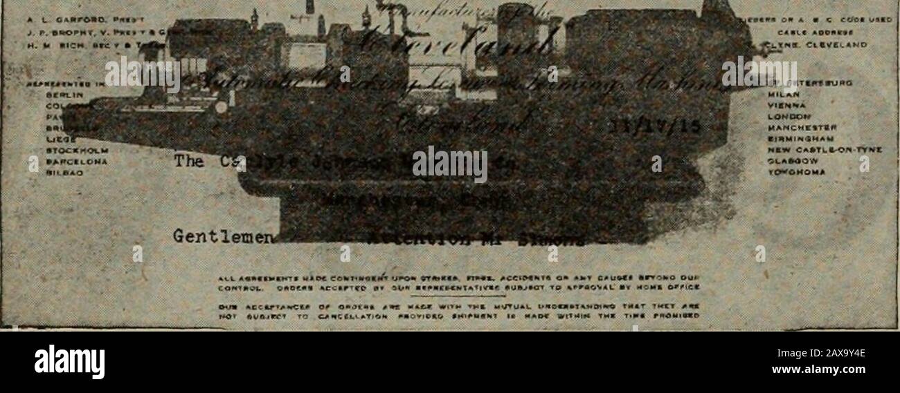 Kanadische Maschinen und Metallarbeiten (Juli-Dezember 1917) . CANADIAN MACHINERY VOLUME XVIII Die JOHNSON FRICTION CLUTCH A Good Test of Clutch Efficiency V /s/r/f//ff (r//r//fs//r//////o/s &lt; ////////ft/. Das Foto ist eine Endansicht einer hochbelastenden CLEVELANDzeige, die die Position der Johnson Clutch A im Vorschubmechanismus anzeigt. Sie ist mit den Getrieben der Kupplung B mit der Riemenscheibe C verbunden und überträgt bei eingeschalteter Kupplung die konstante Leerlaufbewegung der Maschine zur Indexierung, eta. Das Clutoh A wird während eines mehrere hundert Mal automatisch ein- und ausgeschaltet Stockfoto