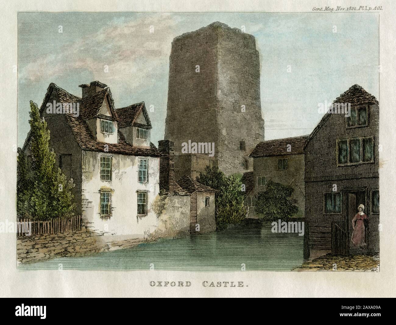 Norman Tower von Oxford Castle, St George's Tower, erbaut um 1074, und Castle Mill, Oxford, England, Großbritannien. Gravur veröffentlicht 1832. Oxford Castle wurde in den 1000s Jahren von Norman Baron, Robert D'Oyley, in Stein gebaut. Stockfoto