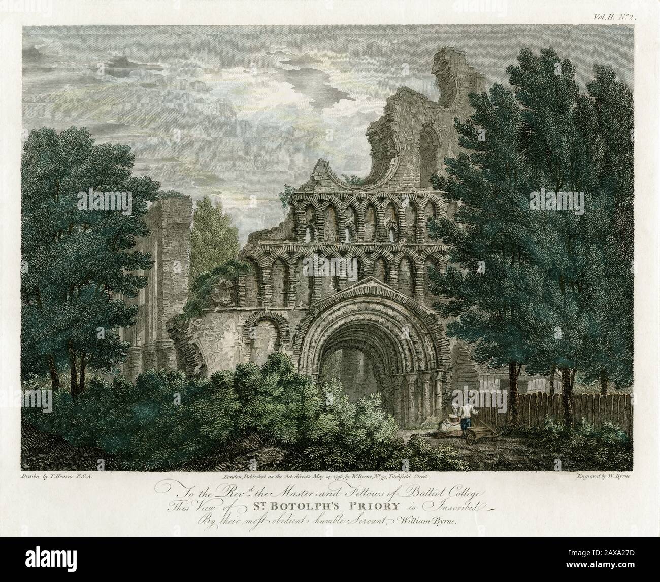 Romanische Arkadenfassade der St. Botolph's Priory in Colchester, Essex, England, zwischen 1093 und 1100 gegründet und 1536 von König Heinrich VIII. Aufgelöst. Gravur von William Byrne, nach einer Originalzeichnung des Landschaftsmalers Thomas Hearne (1744–1817), veröffentlicht 1796 und später von Hand gefärbt. Die Priory war eines der ersten religiösen Häuser in England, das die Augustiner-Klosterherrschaft übernahm. Nach der Auflösung wurden die Besitztümer Sir Thomas Audley, Lord Chancellor of England, übertragen. Stockfoto