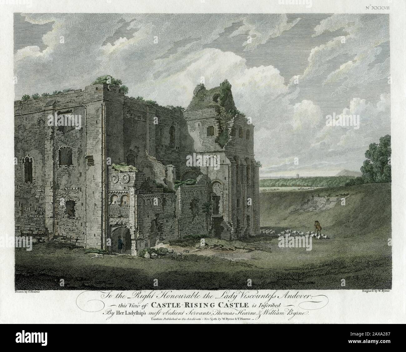 Castle Rising, Norfolk, England. Kupferstich von William Byrne aus einer Originalzeichnung des Landschaftsmalers Thomas Hearne (1744–1817). Veröffentlicht 1796 und später von Hand gefärbt. Castle Rising wurde 1138 von dem normannischen Lord William d’Albini für seine neue Frau, die Witwe des englischen Königs Heinrich I., gegründet. In den 1300er Jahren wurde Castle zur luxuriösen Residenz von Königin Isabella, Witwe (und angebliche Mörderin) von König Eduard II. Stockfoto