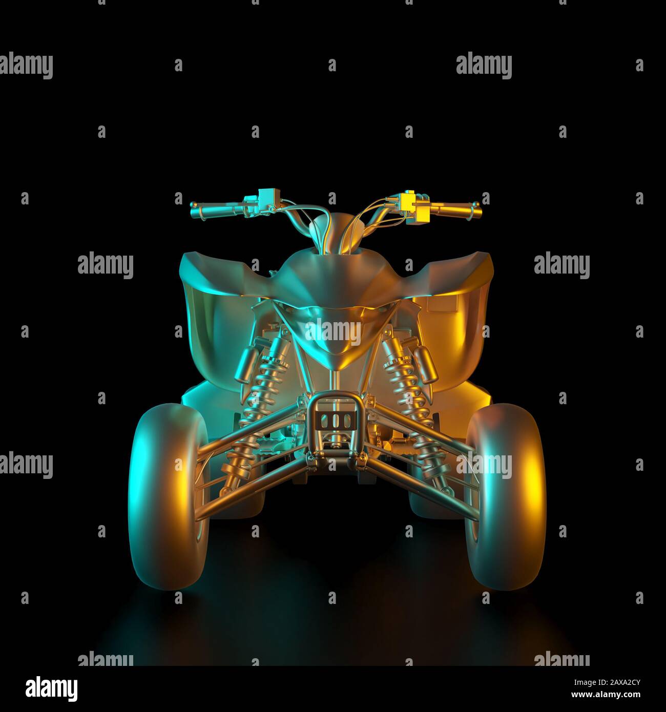 3D-Renderbild eines goldfarbenen Geländevierers. Niemand in der Nähe, schwarzer Hintergrund. Luxus- und Motorsportkonzept. Stockfoto