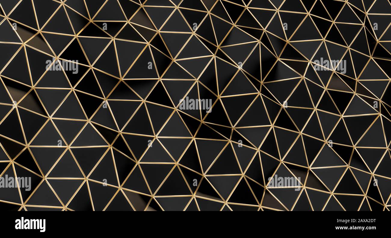 Struktur mit schwarzen, dreieckigen Polygonen mit goldenen Kanten, 3D-Renderbild. Niemand um sich herum. Minimalistischer geometrischer Hintergrund. Stockfoto