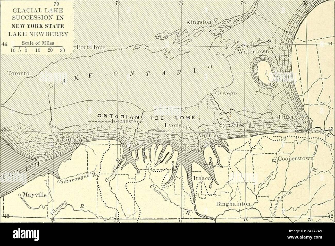 Waldphysiographie; Physiographie der Vereinigten Staaten und Prinzipien der Böden in Bezug auf die Forstwirtschaft zwischen dem Ontario- und dem Susquehanna-Abfluss. Die ersten Eisansammlungen dämpften das Wasser an den Köpfen der großen Täler im Süden. Nach dem allmählichen Rückzug der Eiswürmer wurden die Austritte am Eisrand vorbei und über das Höhenplateau zwischen den Seen verteilt, so dass hohe Talseen intolower Talseen abließen; Als die Eisfront noch weiter zurückging, senkten sich die Seen weresuccessiv ab und verlagerten sich nach Norden und es bildeten sich Flüsse im Inter- oder Sportra Stockfoto
