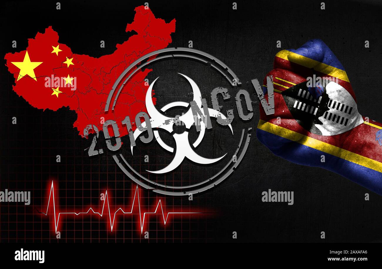 Das Konzept einer Epidemie in China mit einem Virus namens 2019-COV, mit der Flagge Swasilands auf der Faust eines Mannes. Stockfoto