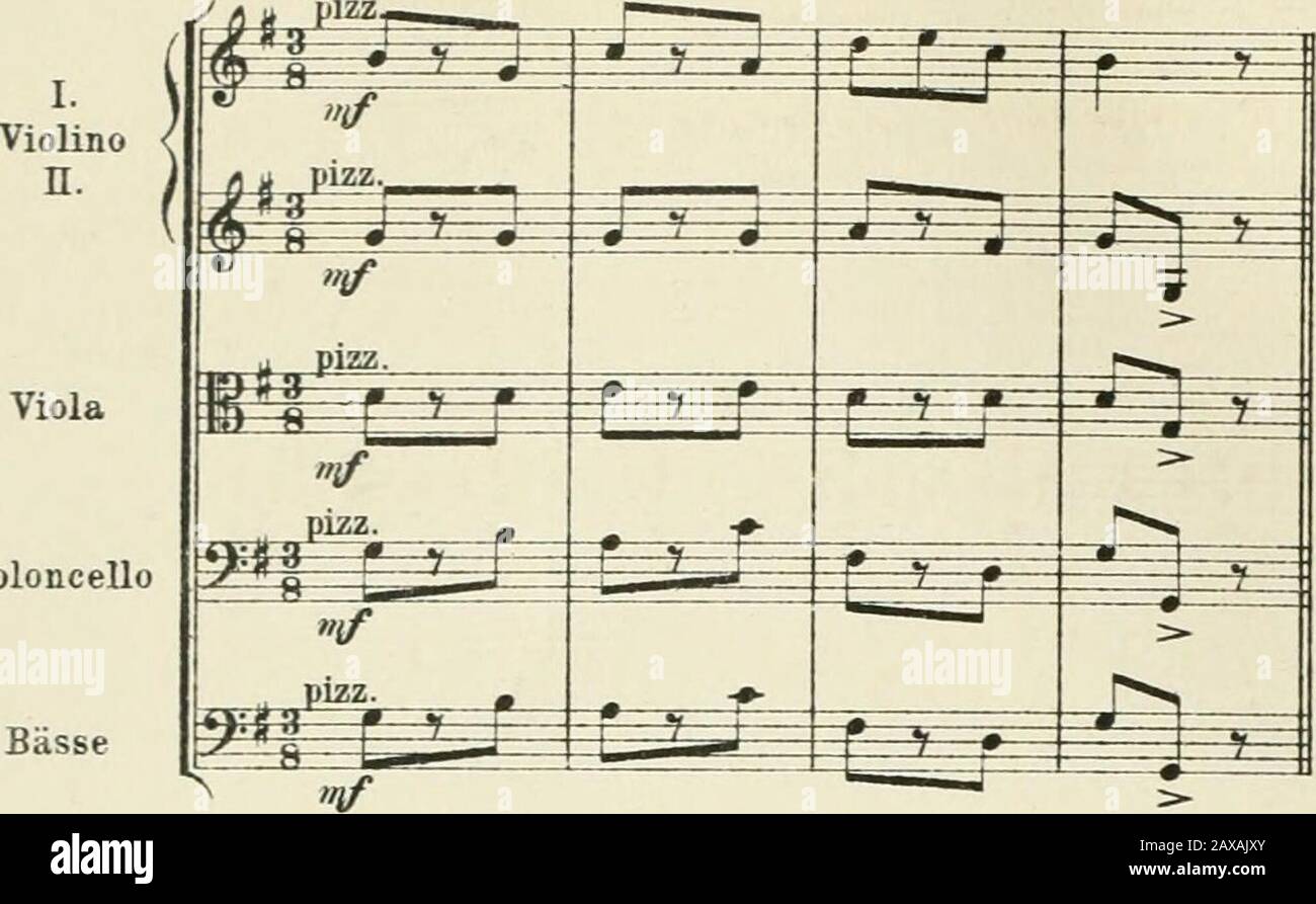 Instrumentationsbeispiele; ein Vorspiel-Stoff für den Unterbau in der Instrumentation, in vier Abschnitten und einem Hang. Iuti^it^ * ^^l erste Hälfte der ersten Geigen- Hälff P IF ^^^,^^"t". Geigen. Bass in der zweiseitigen Mailing der zwei Seiten. 2954S das Pizzicato N?24AUegretto. Viola alle Streicher spielen Pizzicato Violoncello I.VioHno n. Viola Violoncello Bässe *AUegretto ^ y fi it arto pizz. S^^ ifpizz. "Wenn., Pizz. ^ mf pizz. Iilf ^ ^ ^^^^ H"^=y= ^g=^ ^ ^ü =fe :^ die erste Geige arco,die anderenStreicher pizzicato s iolino &lt; n. ^ N?25AUegretto Violin Viola Violoncello Bässe Stockfoto