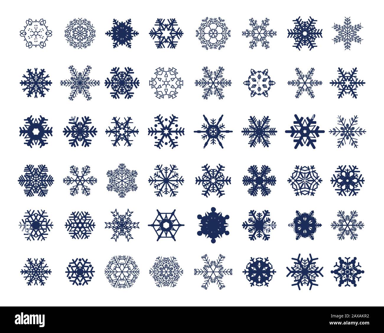 Verschiedene blaue Schneeflocken auf weißem Hintergrund Stockfoto