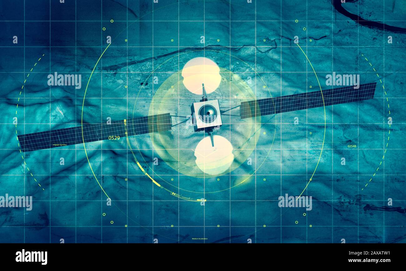 Spionagesatellit, Satellitenansicht eines Geländes, Militärziel. Hud. Physisches Planisphere. 3D-Rendering Stockfoto