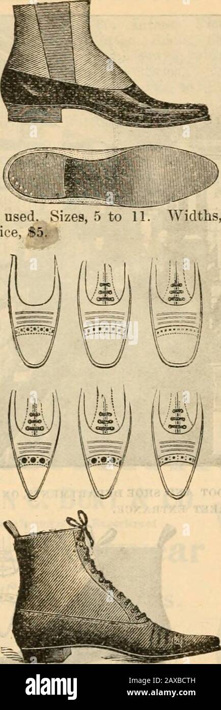 Preisliste. . Nr. 86. Herren Fine Patent Wade Bal-Moral Schuhe, an der neuen Universität Last (unser eigenes spezielles Design), echte Hand welt.Größen, 6 bis 11. Breiten, A bis E. Preis, 5 Dollar. Auch Feine Wade und Feine Tan Rassia CalfBalmoral Schuhe, gleicher Stil, gleich zuletzt, samesisiert, gleicher Preis, 5 Dollar. All unsere Schuhe an der Universität sind die feinsten Waren, die von den besten Arbeitsleuten im neuesten anerkannten Stil hergestellt wurden. Und es ist unser Ziel, die besten Schuhe zu beliebten Preisen zu geben. BOSTON, MASSE. 220 JORDAN, MARSH UND COMPANY. MEJ^S STIEFEL AKB SCHUHE.- FORTSETZUNG.. Nr. 87.Mens FinePatent CallCongressShoes, Bekleidung, hergestellt aus dem neuen London Stockfoto