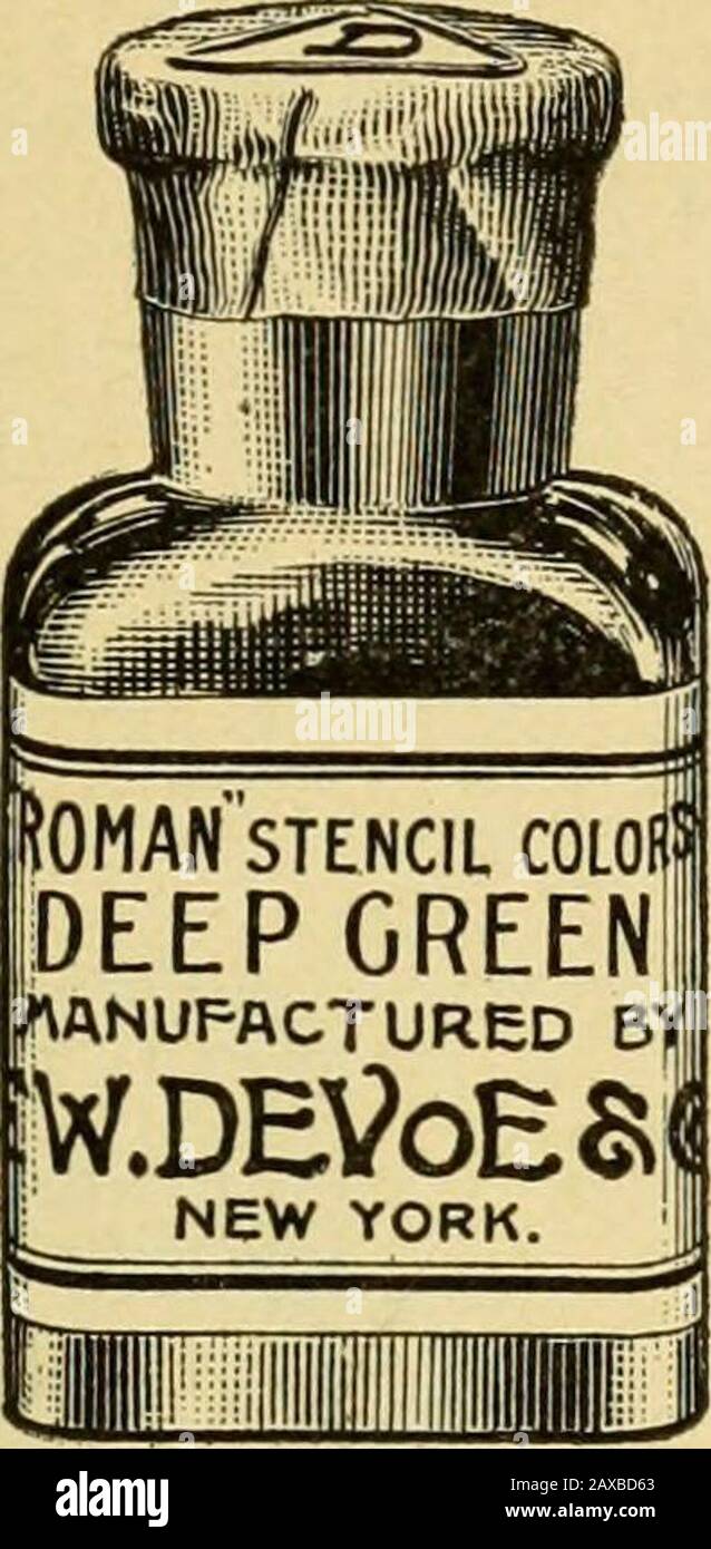 Preisgünstiger Katalog von Künstlermaterialien: Lieferungen für Ölgemälde, Wasserfarbenlackierung, chinesische Malerei .. Und Zeichenmaterialien für Architekten und Ingenieure, manuelle Ausbildungsschulen und Hochschulen. . H. P. Mixed, Palette, Palettenbecher, 3 Schablonenbürsten, 4 Kunststifte, Schablonenmesser, Kompass, je 6 Blatt Schablonenpapier, 5,25 266 F. W. DEVOE & C. T. RAYNOLDS CO. F. W. Devoe & GosSchablonenmesser PipM Nr. 1 Nr. 1. Schablonenmesser.-Klinge ist 1 x j Zoll groß, sicher in runden Gummigriff, je 3 x Zoll, 0,25 ^;m,m, I M1 llluiZ^-tf3XEyO£-S.-C7r.R/"N0LDS CO. Nr. 2 Nr. 2. Stenci Stockfoto