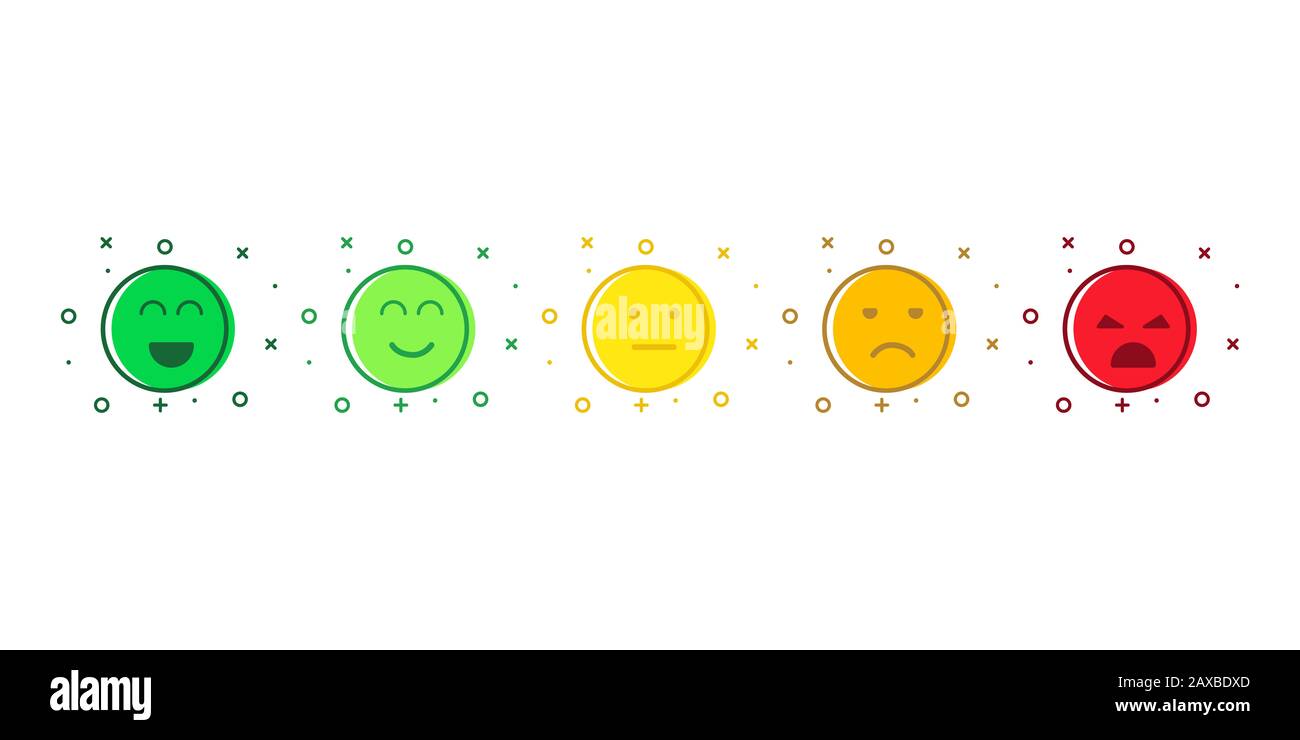 Emoji-Symbol für isolierte farbige Gesichter oder Emotionen. Buntes Lächeln im unterhaltsamen Chat. EPS 10 Stockfoto