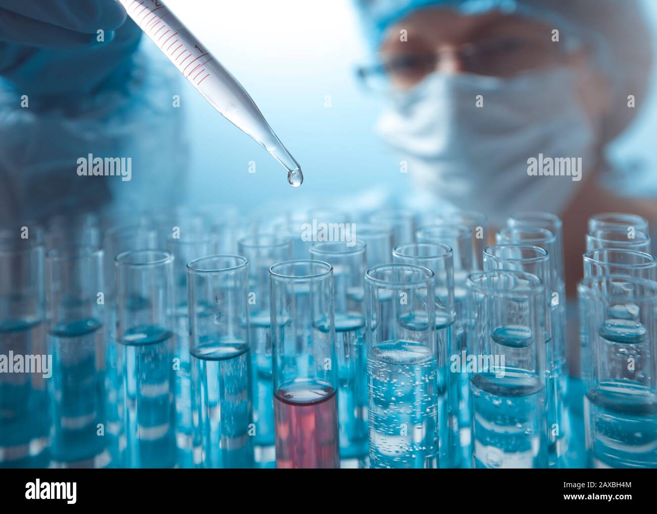 Laborpipette in der Hand eines Arztes, die Flüssigkeit in ein Reagenzglas tropft. Stockfoto
