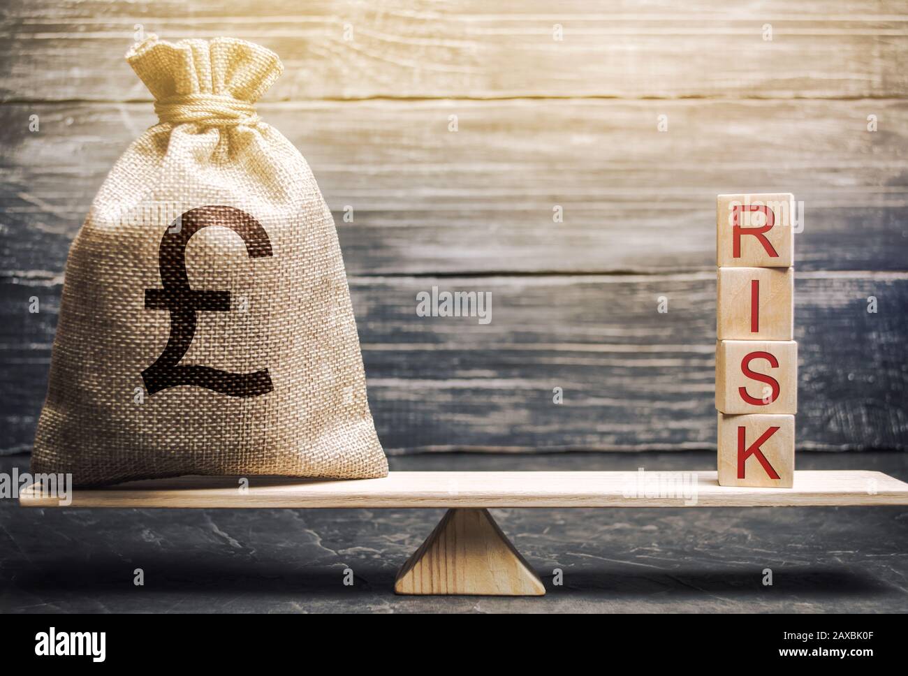 Geldbeutel und Holzklötze mit dem Wort Risiko auf der Waage. Management und Bewertung von Geschäftsrisiken. Strategische, finanzielle und operative Risiken. Ins Stockfoto