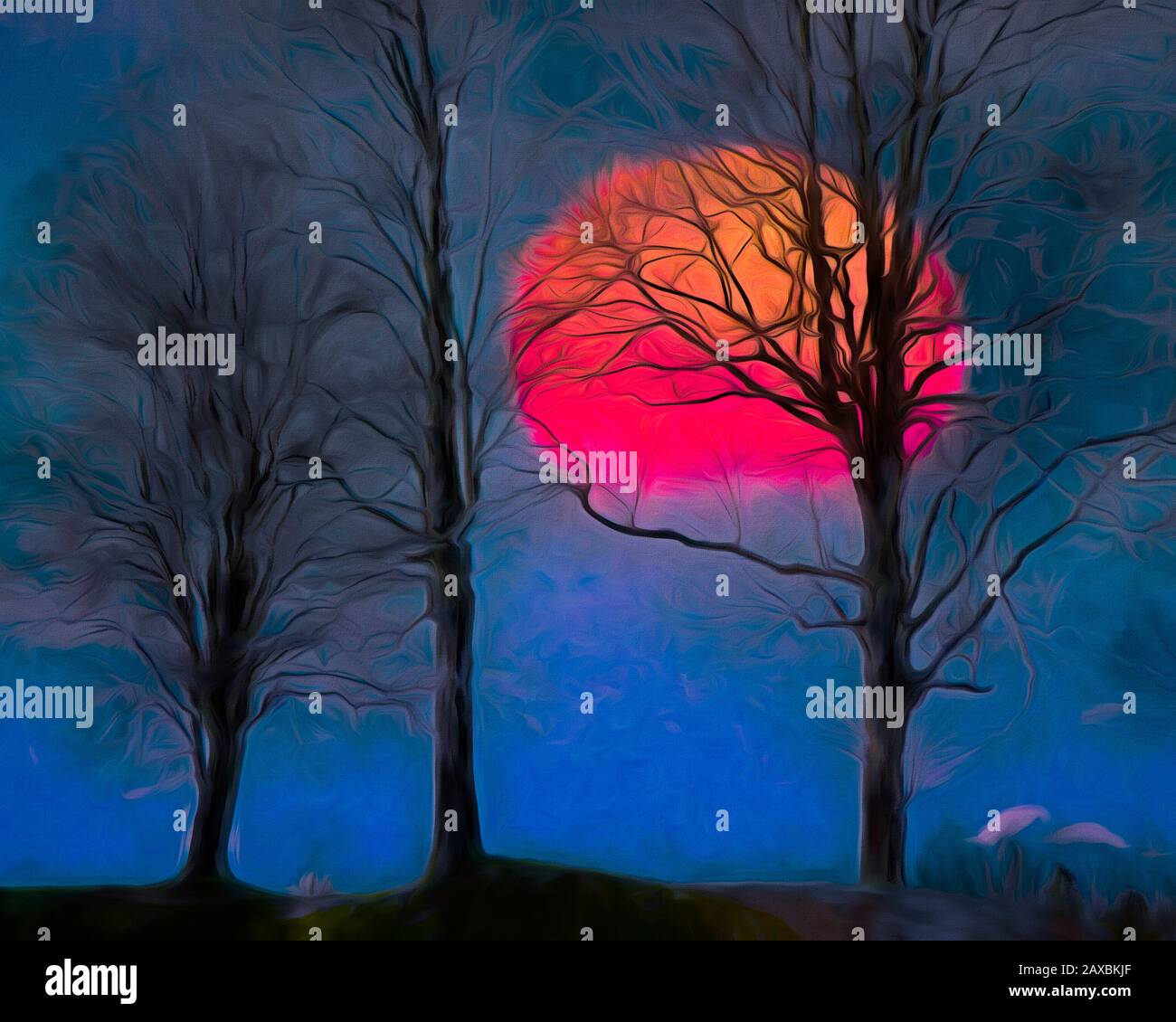 Zeitgenössische KUNST: Drei Bäume gegen Sonnenuntergang in der Nähe von Bad Toelz, Bayern, Deutschland Stockfoto