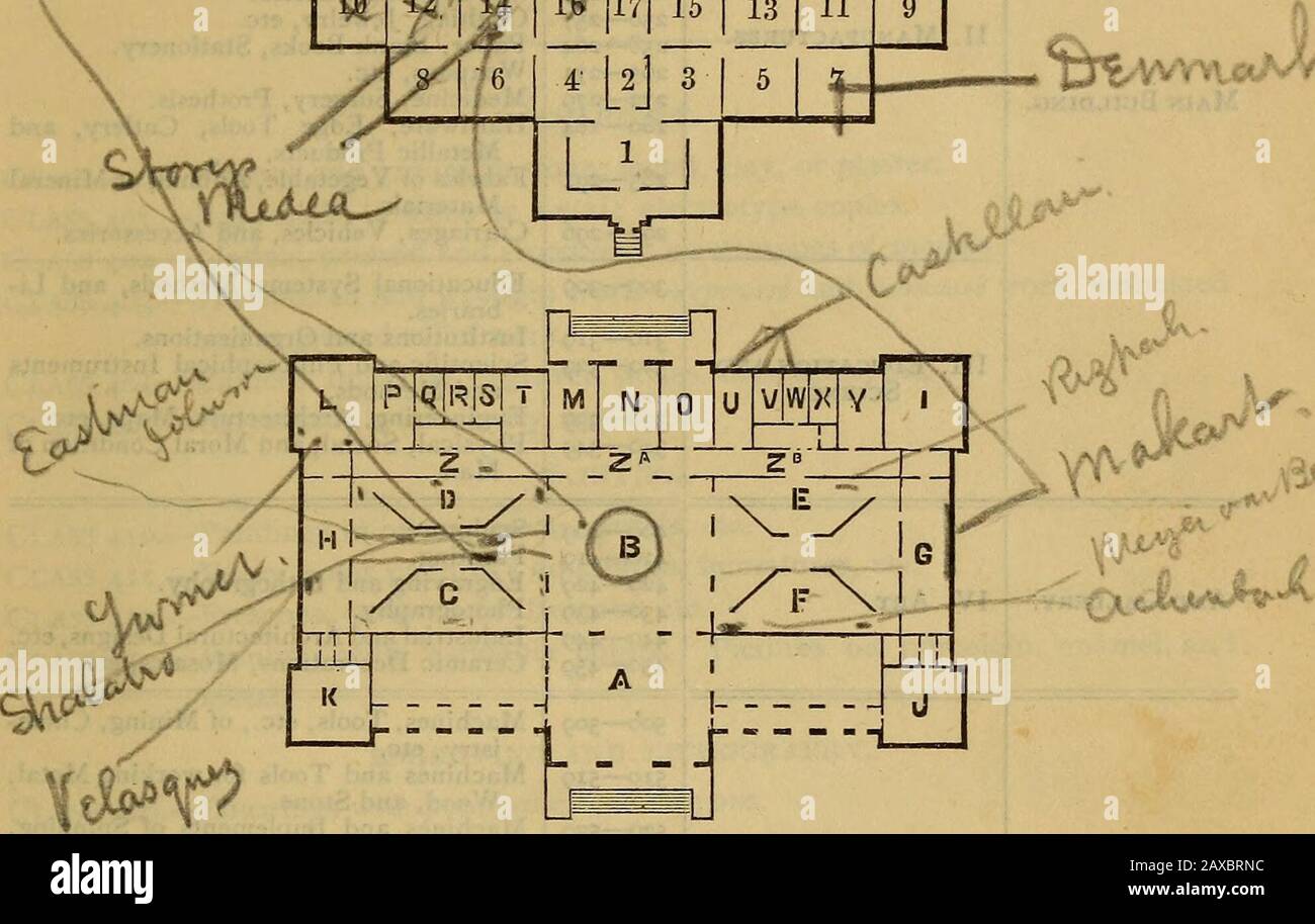 Offizieller Katalog in einem volumeIMain BuildingIIDepartment für machineryIIIDepartment für artIVDepartment für Landwirtschaft und Gartenbau. F ^ u 45 43 L - 40 38 36 37 39 41 V 26 28., 30 32 [34J 35 33 31 29 24 22 20 18 19,21 23 26 27 W ^^, M i^FitI 15 i 13 i 11. XSM*^^ MEMORIAL HALL.-Ground Plan. A. Italien. B. Vereinigte Staaten, Gt. Großbritannien, Deutschland, Frankreich, Italien. C. Vereinigte Staaten. D. Großbritannien. E. Frankreich. F. Deutschland. G. Österreich. H. Spanien und Schweden.I. Frankreich. J. Deutschland. K. Vereinigte Staaten. L. Großbritannien. M. Belgien. N. Italien. O. Belgien. S. Großbritannien. Q. Großbritannien. R. Gr Stockfoto