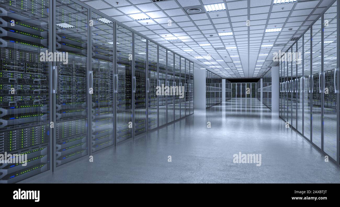 Bild 3D-Rendering eines modernen Datenbankserverraums: Konzept für Telekommunikation und Cloud-Datenspeicher. Stockfoto