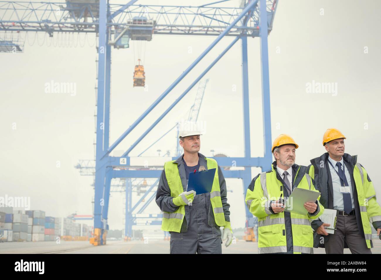 Hafenarbeiter und Manager, die auf der Werft unter dem Kran spazieren Stockfoto