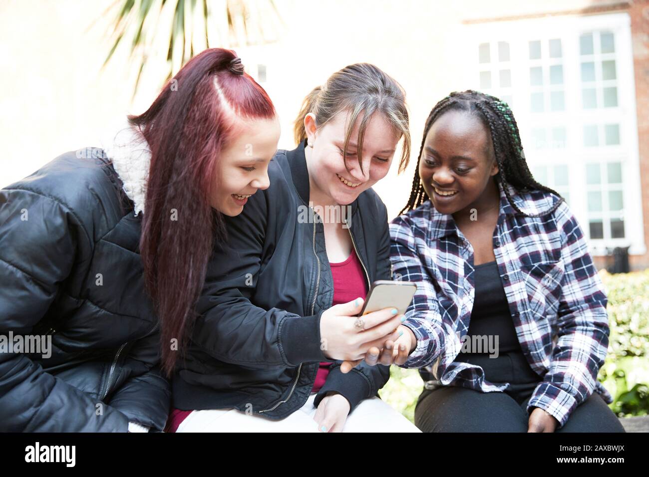 Junge Frauen Freunde mittels Smart Phone Stockfoto