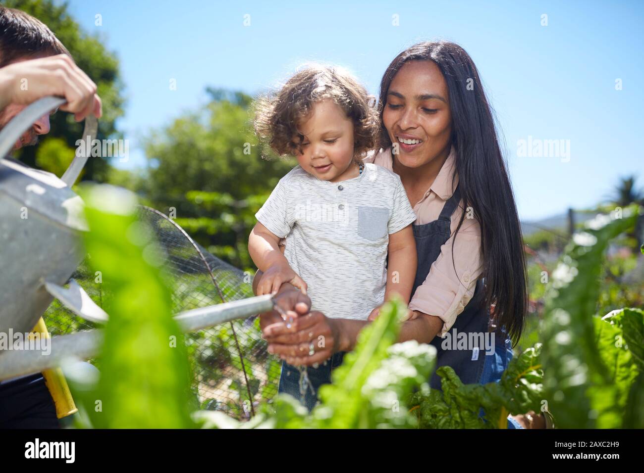Mutter und Kleinkind im sonnigen Gemüsegarten im Garten Stockfoto