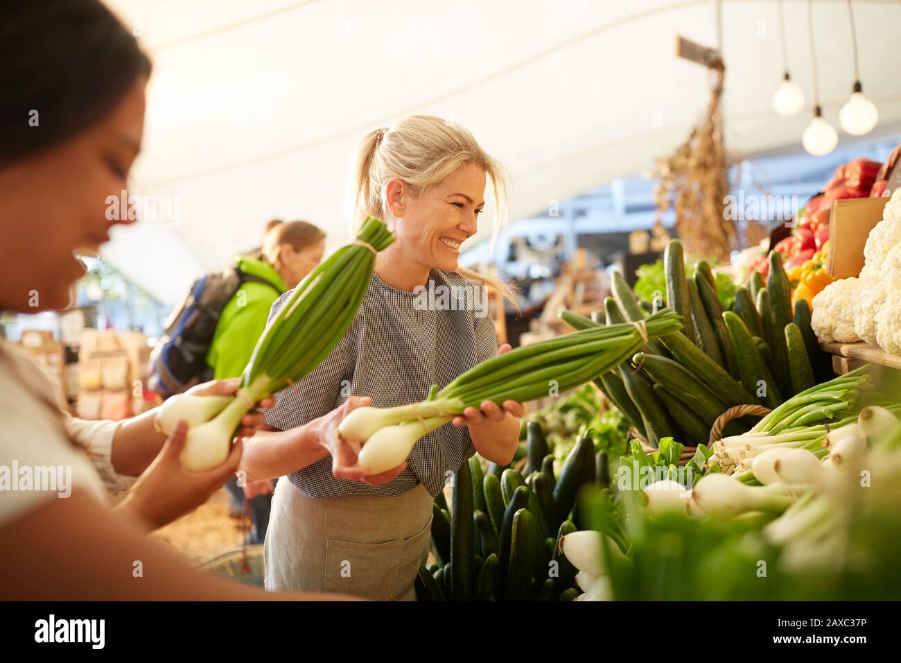 Frauen, die arbeiten, arrangieren Produkte auf dem Bauernmarkt Stockfoto
