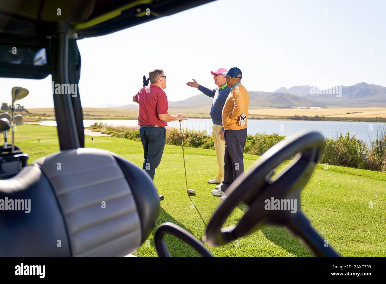 Männliche Freunde sprechen außerhalb der Golfkarre auf einem sonnigen Golfplatz Stockfoto