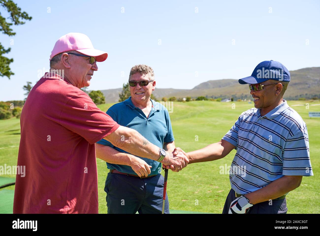 Männliche Golfer schütteln die Hände auf einem sonnigen Golfplatz Stockfoto