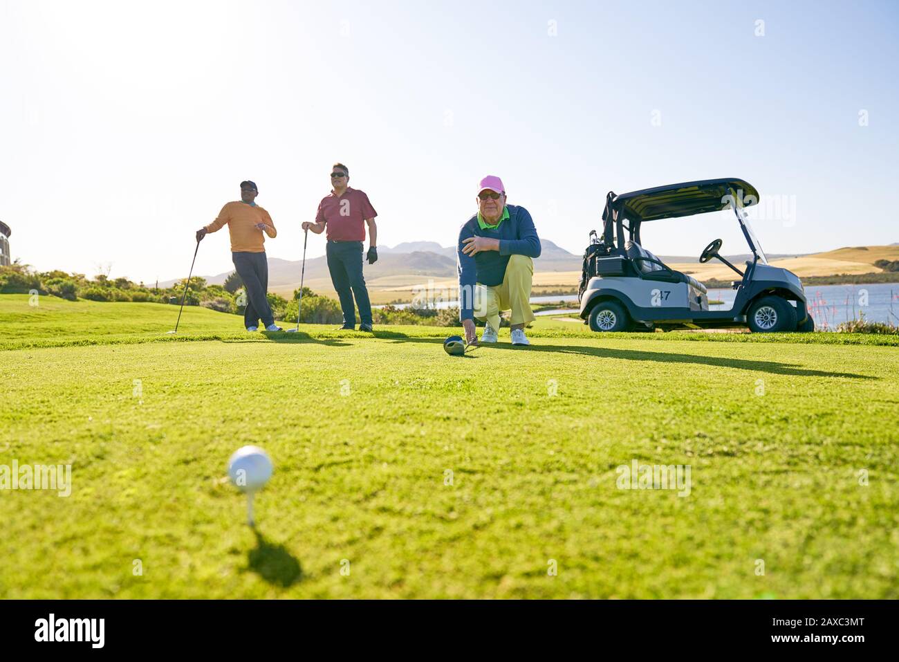 Männliche Golfer, die sich am sonnigen T-Stück abzweigen Stockfoto