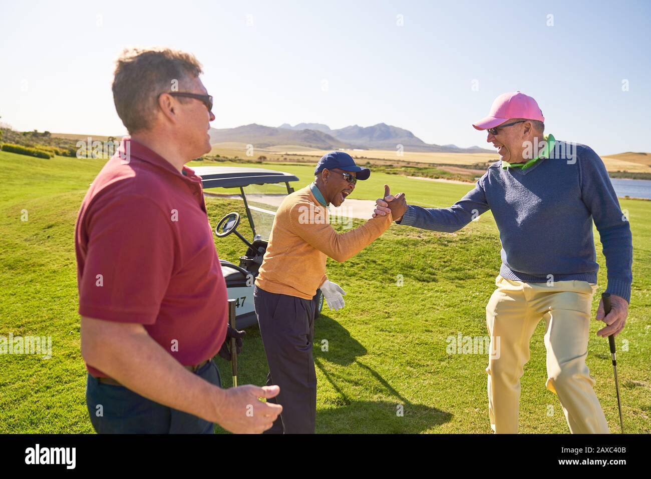 Männliche Golfer feiern auf einem sonnigen Golfplatz Stockfoto