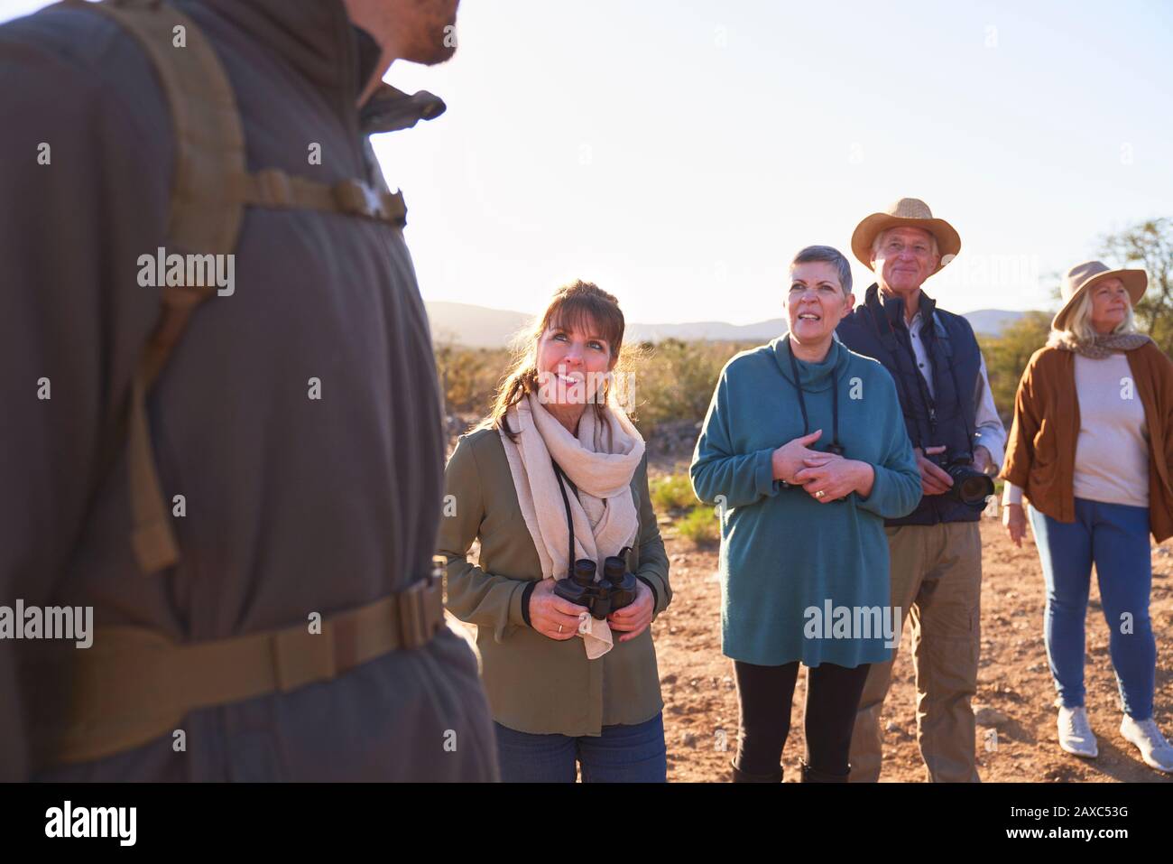 Safari-Touristen hören sich den Reiseleiter an Stockfoto