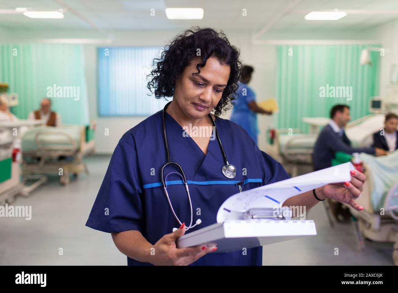 Konzentrierter weiblicher Arzt, der Runden kommt und sich die medizinische Dokumentation in der Krankenstation betrachtet Stockfoto