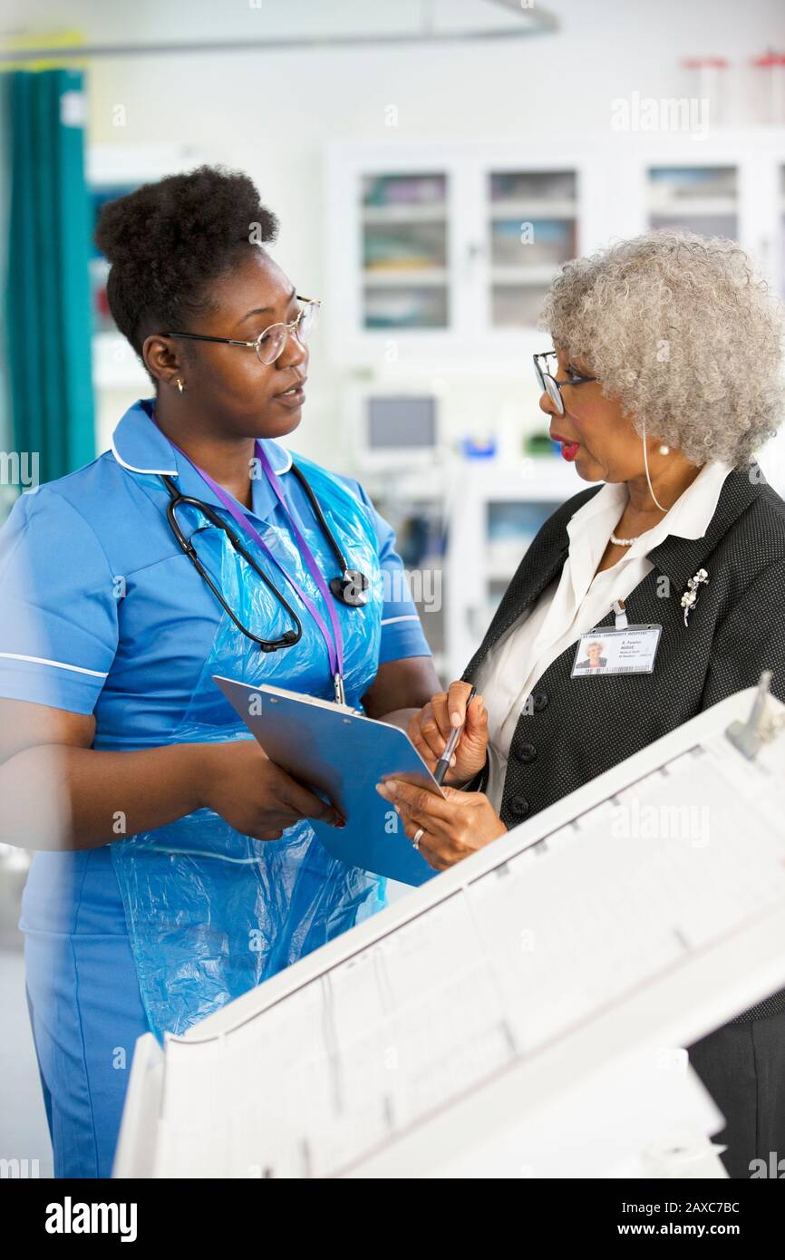 Weibliche Ärztin und Krankenschwester mit Zwischenablage-Gespräch im Krankenhaus Stockfoto