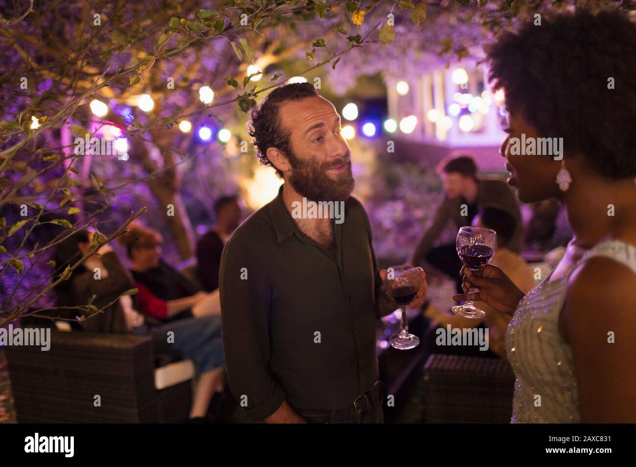 Freunde, die auf der Gartenparty im Hinterhof sprechen und trinken Stockfoto