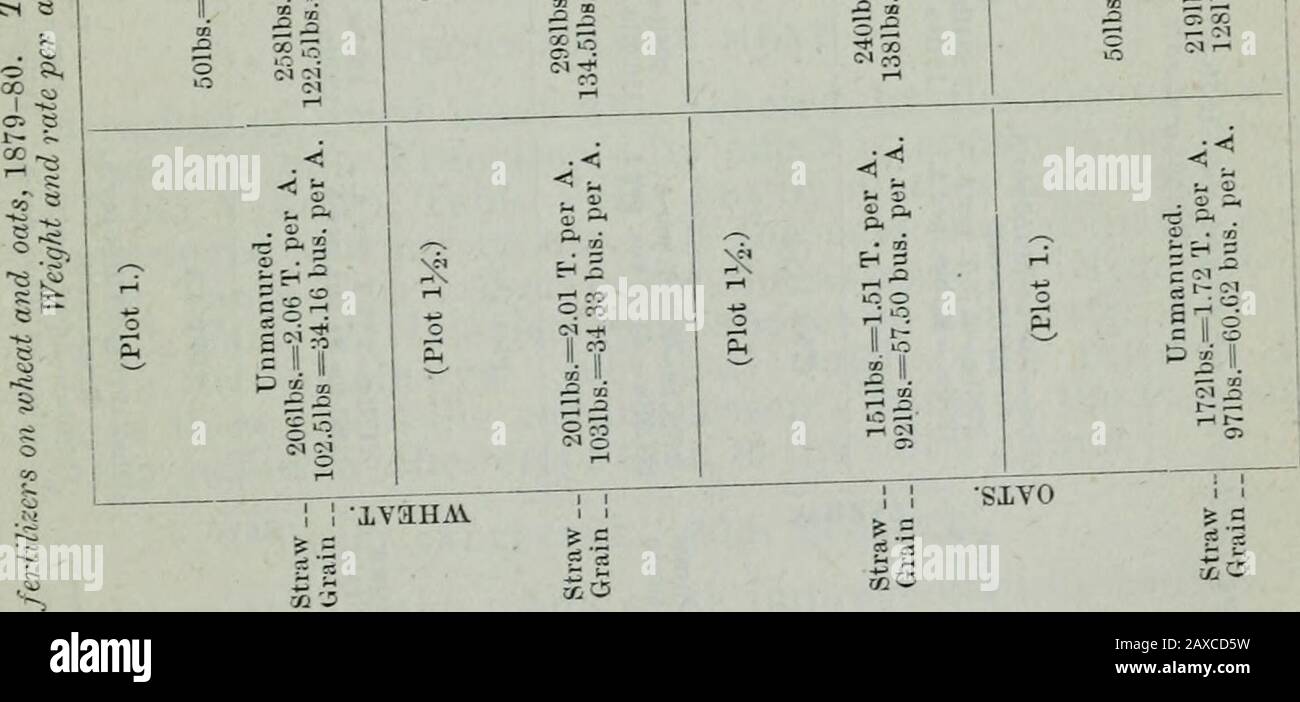 Anhang zu den Zeitschriften des Senats und der Versammlung der ..session der Legislative des Staates Kalifornien. ^ft, F4.^^ ij ?^s &lt; H -^^ O o.^,^ P.2 CO ^1 7 5 11 =? ^ 11 p1- II s-. L-H ^ h5 @ =- = A&lt;r. ^ cc ^ CM 11 T P-l S = -^ -1 A&lt;%£. 60 HAFER. G ^ il o g&gt;?" CO ^ O ^ S S ?^ CO (Plot 4.) Unmanured. 2641bs.=2.G4 T. pro A. 130ib8.=43.33 Bus. Pro A. &lt;i ^ a. ^^ : To o &lt;N. ; 5 -1^ s 1 ^ Jl o is U^.) 2481bs.=2,48 T. pro A.121,51bs.=40,50 Bus. Pro A. M O ^ 5 il o ^ (Plot 3.) 101bs.=2001bs 810 pro A. Chili Salpeter. 8od. Nitrat. 2151b8.==2,15 T. pro A. 137,51bs.=85,93 Stockfoto