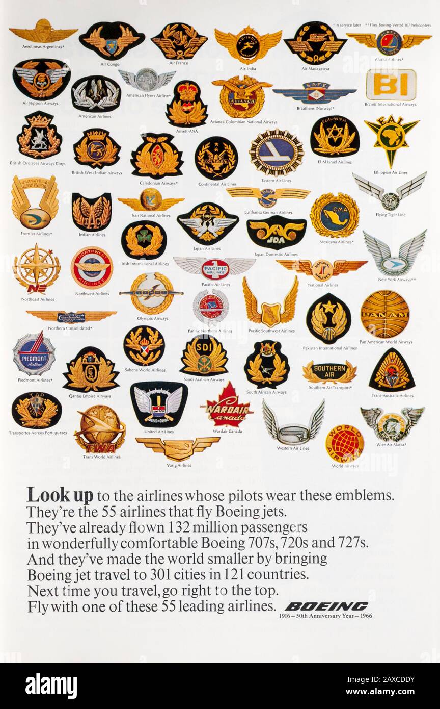 1966 Zeitschriftenwerbung für Boeing-Jets. Stockfoto