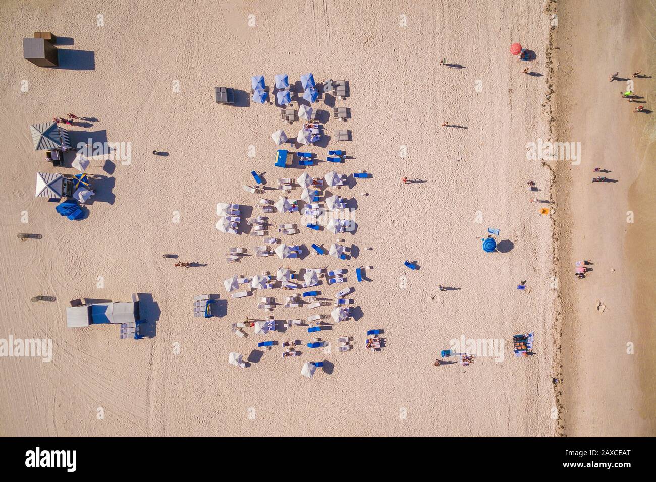 Top Down Luftbild der Strandsommerszene mit weißen Sonnenschirmen und zum Sonnenbaden in Miami, Florida, USA. Stockfoto