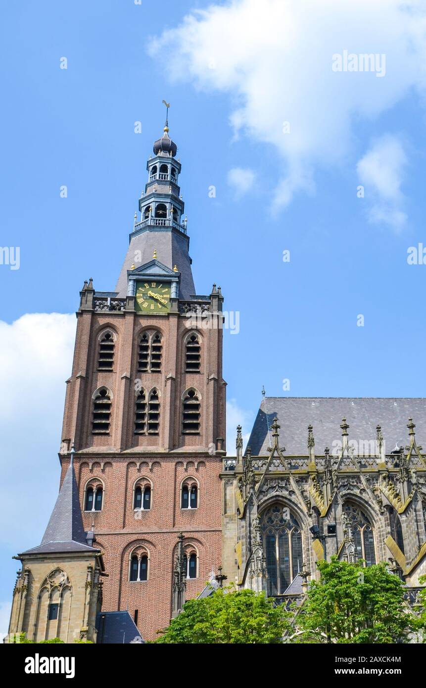 St.-John-Kathedrale in Hertogenbosch, Nordbrabant, Niederlande. Holländische Gotik, die größte katholische Kirche der Niederlande. Dominant im Stadtzentrum. Vertikales Foto. Stockfoto