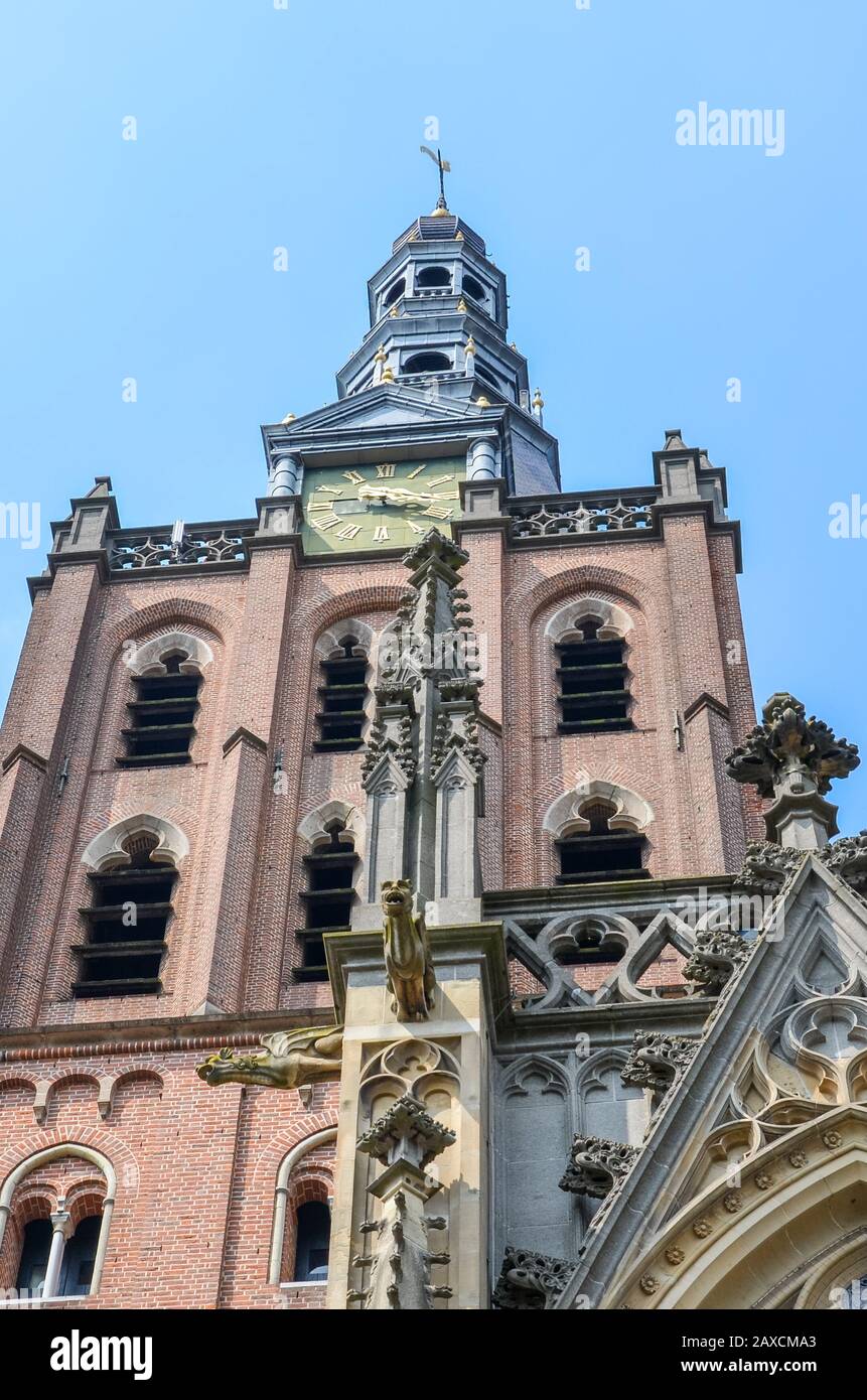 St.-John-Kathedrale in Hertogenbosch, Nordbrabant, Niederlande. Holländische Gotik, die größte katholische Kirche der Niederlande. Dominant im Stadtzentrum. Vertikales Foto. Stockfoto