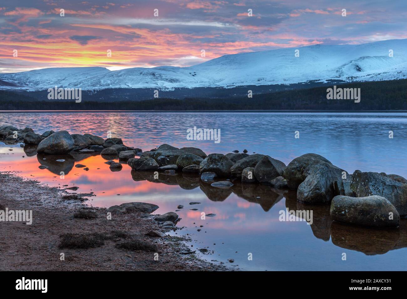 Wunderschönes Licht am frühen Morgen über Loch Morlich, mit schneebedeckten Bergen in der Ferne, Schottland, Großbritannien, Europa Stockfoto