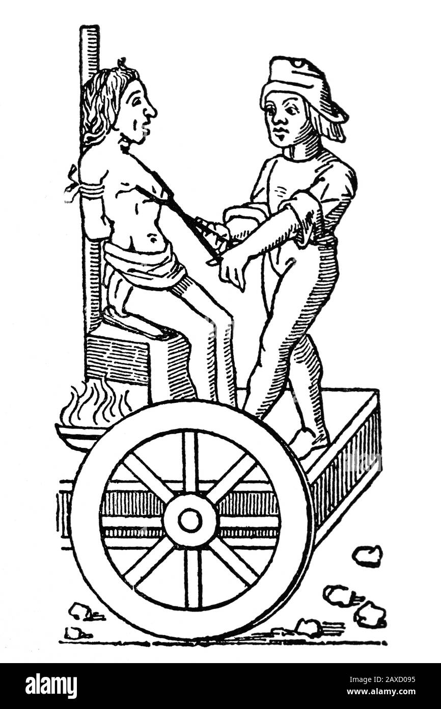 Folterszene mit Pinzeln. Moderne Zeit. Gravur . Copla von Pere Giberga (16. Jahrhundert). Katalanischer Dichter. Stockfoto